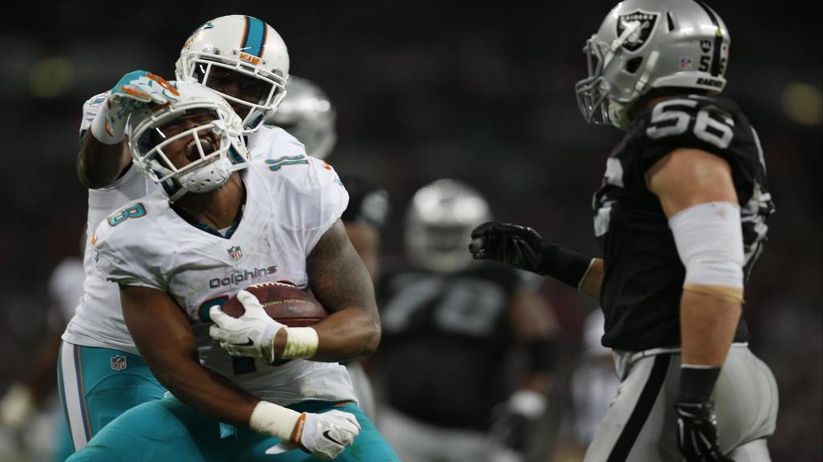 
Dolphins wide receiver Rishard Matthews had reason to celebrate as Miami clobbered Oakland 38-14 last season in London. This is the Dolphins’ third game in England.
