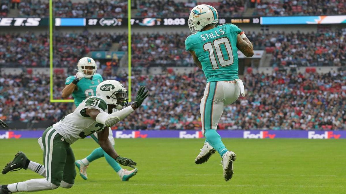
The Dolphins’ Kenny Stills, shown catching a touchdown pass Oct. 4 against the Jets in London, is likely to start for Miami in Sunday’s game against Tennessee. But the Titans’ strong pass defense could force the Dolphins to run more. 
