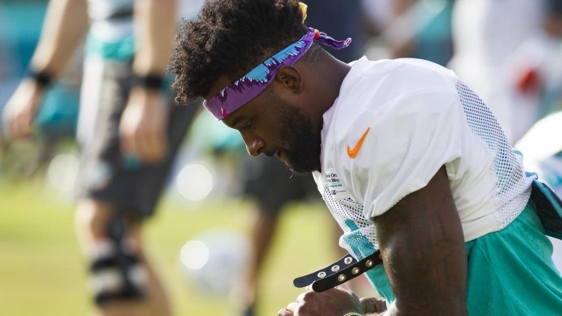 Dolphins receiver Jarvis Landry warms up during training camp at the Miami Dolphins training facility in Davie on July 30, 2017.