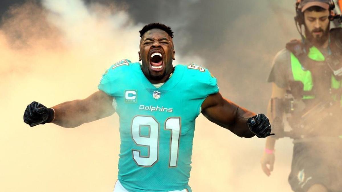 Miami Dolphins’ Cameron Wake, 35, has not missed a game despite the Dolphins not having a bye week because of Hurricane Irma.