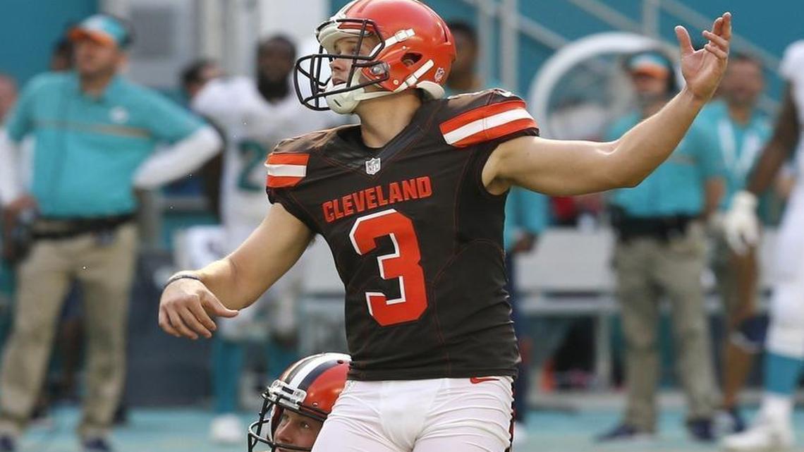 Cleveland Browns kicker Cody Parkey, claimed off waivers by the Dolphins Sunday, misses a filed goal in the final seconds of regulation in the teams’ game last year.