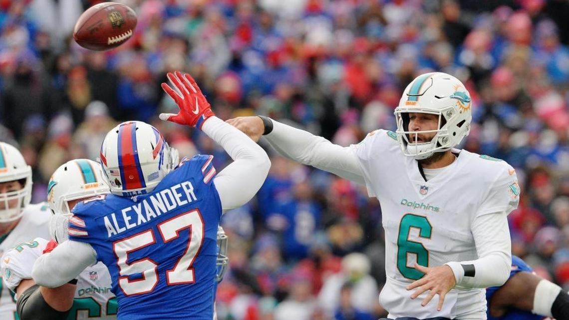 Miami Dolphins quarterback Jay Cutler (6) throws a pass over Buffalo Bills' Lorenzo Alexander (57) during the second half of an NFL football game on Dec. 17, 2017, in Orchard Park, N.Y.