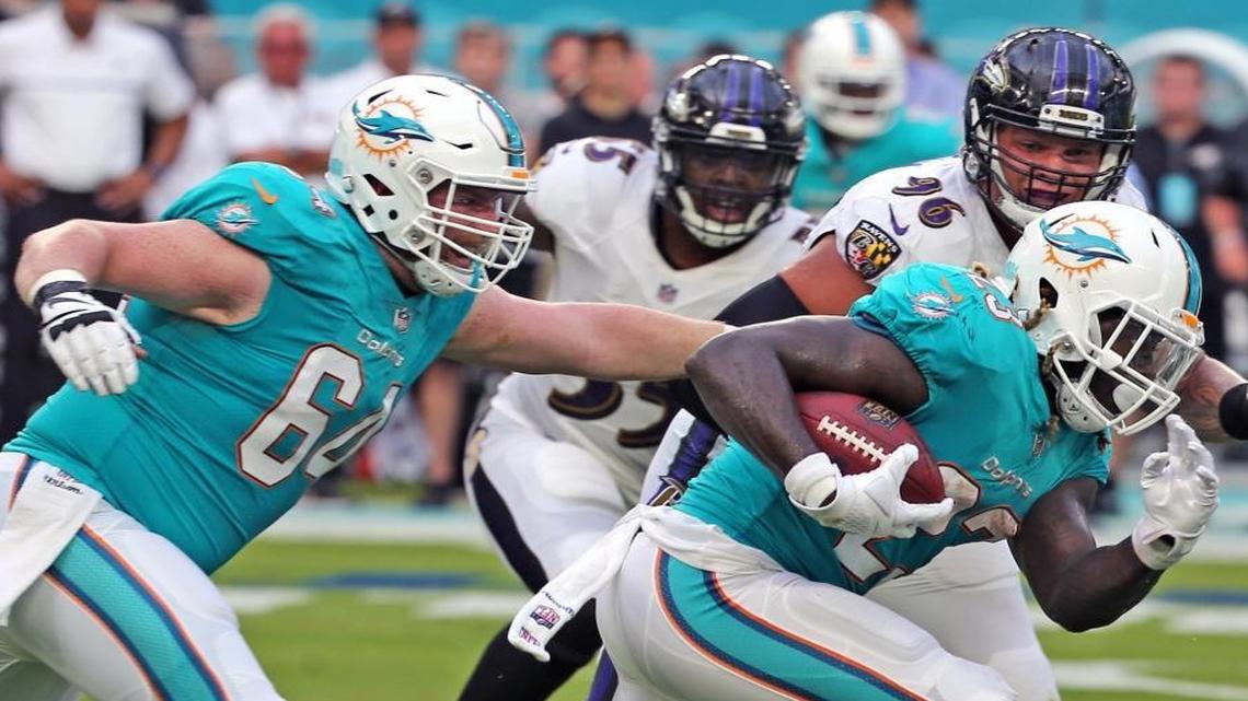 Dolphins Jay Ajayi (23) runs the ball in the first quarter as the Miami Dolphins play the Baltimore Ravens in their second preseaon game at Hard Rock Stadium in Miami Gardens, FL, August 17, 2017.