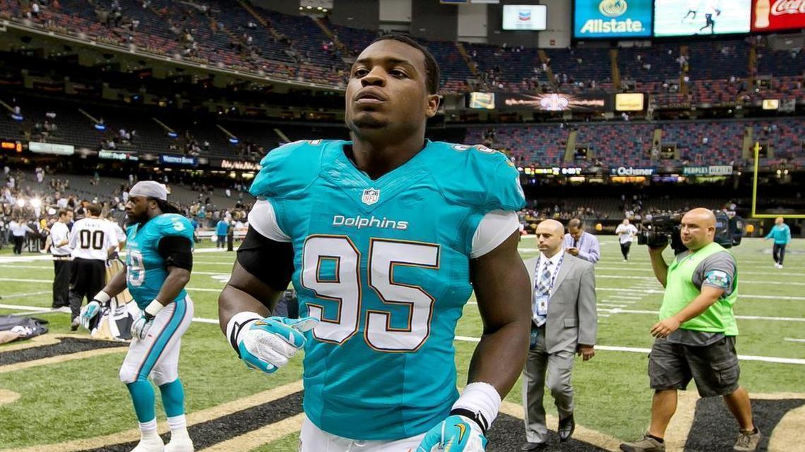 
Defensive end Dion Jordan runs off the field after the game between the Miami Dolphins and New Orleans Saints in the Mercedes-Benz Superdome in New Orleans on September 30, 2013.
