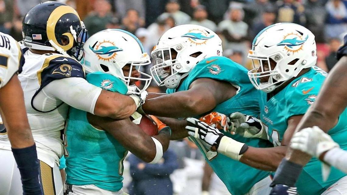 Dolphins right guard Jermon Bushrod, wearing No. 74, started every game in 2016.
