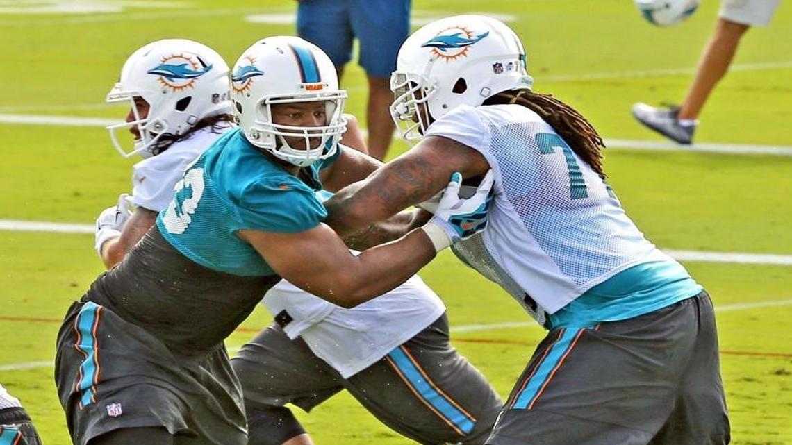 Defensive lineman Ndamukong Suh 93, grabs Billy Turner 77, as he rushes the quarterback on the first day of the Miami Dolphins' pre-season training for the 2015 NFL season, July 30, 2015.