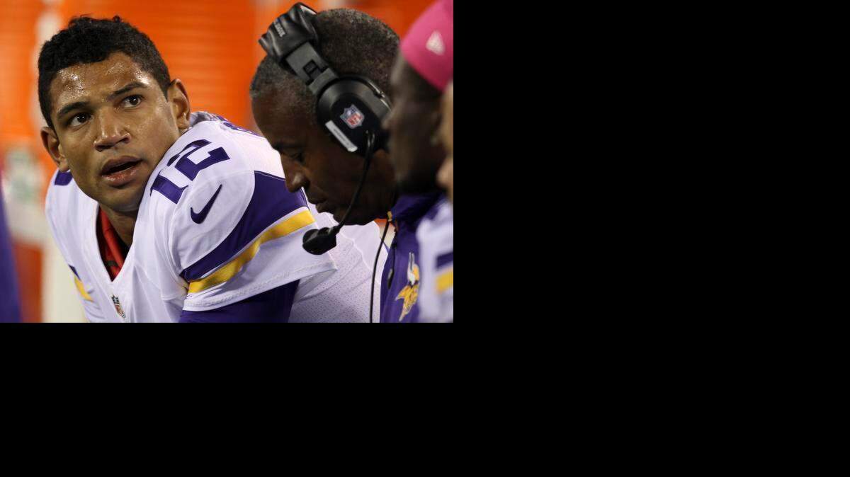 
Minnesota Vikings quarterback Josh Freeman looks on during a game against the New York Giants on Monday, Oct. 21, 2013 in East Rutherford, N.J. 
