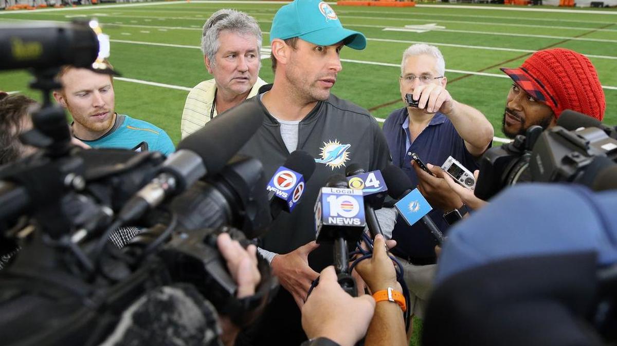 Miami Dolphins coach Adam Gase talks to the media on the final day of OTAs at the Miami Dolphins training facility in Davie, Florida, June 14, 2018.