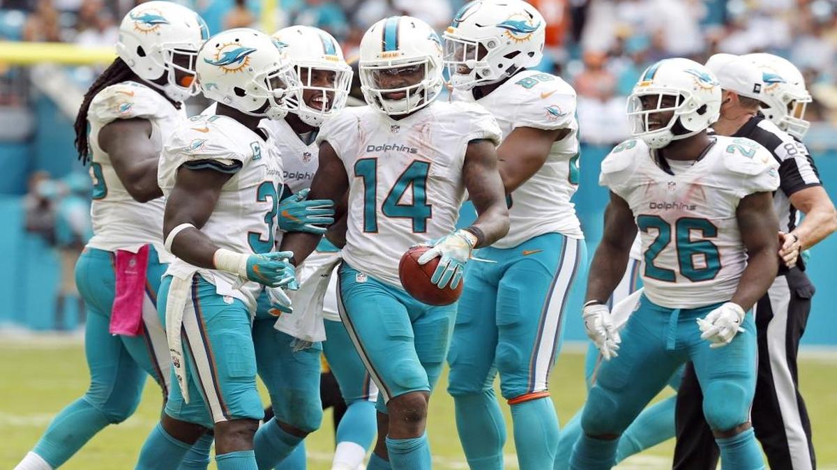 Miami Dolphins wide receiver Jarvis Landry (14) picks up an onside kick late in the fourth quarter as the Miami Dolphins host the Pittsburg Steelers at Hard Rock Stadium on Sunday, October 16, 2016.