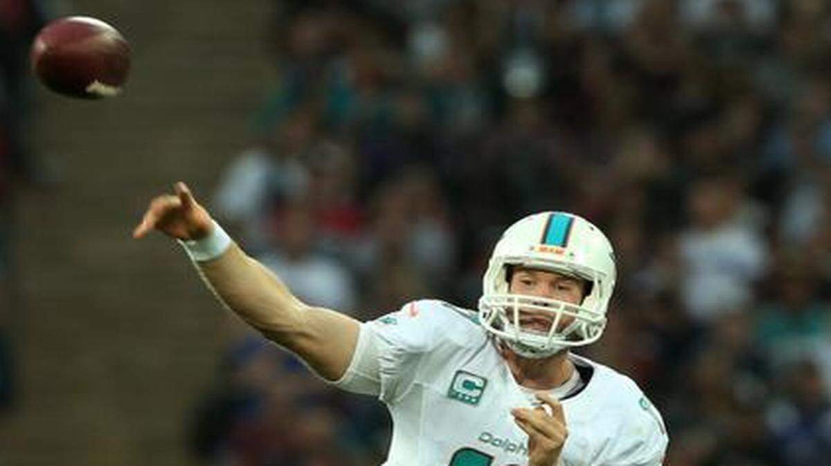 
Ryan Tannehill of the Miami Dolphins passes against the Oakland Raiders at Wembley Stadium on Sept. 28, 2014 in London. 
