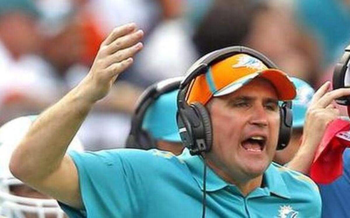 
Miami Dolphins assistant coach Darren Rizzi, left, reacts with head coach Joe Philbin during an offical review as they play the Minnesota Vikings at Sun Life Stadium on Sunday, Dec. 21, 2014.
