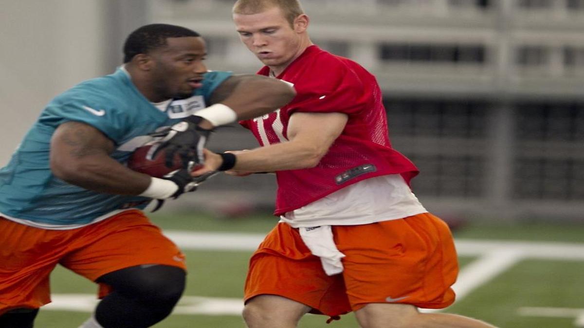 
Quarterback Ryan Tannehill hands the ball off to running back Jonas Gray during Miami Dolphins training camp in Davie on June 3, 2013.
