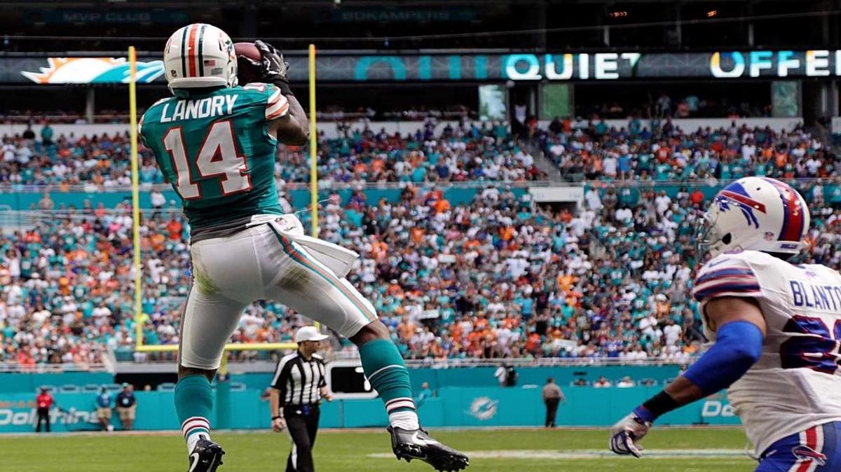 Dolphins wide receiver Jarvis Landry catches a two-point conversion pass against the Bills, but it was his hit on Buffalo’s Aaron Williams that will be remembered from the game.