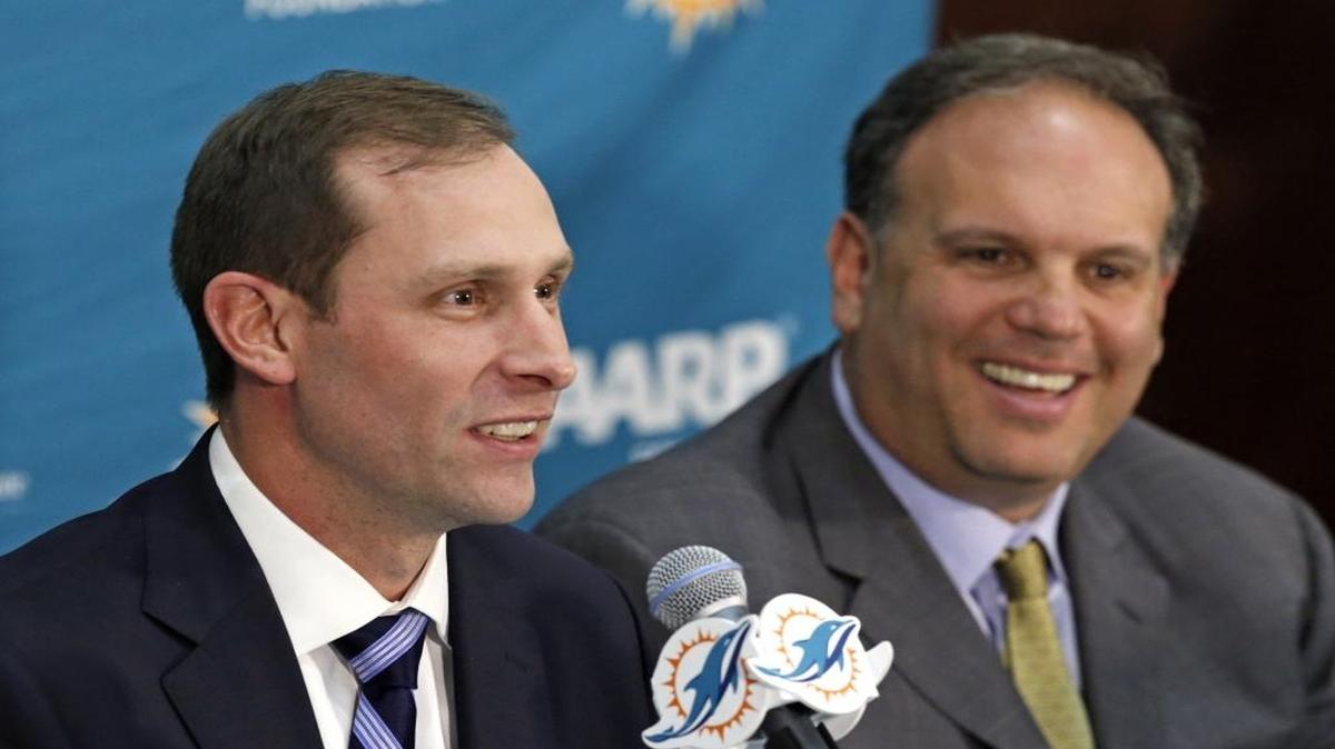 Miami Dolphins new head coach Adam Gase, left, with Mike Tannenbaum, vice president of football operations. Gase is the12th head coach in franchise history on Saturday, January 9, 2016 at the Miami Dolphins Training Facility in Davie.