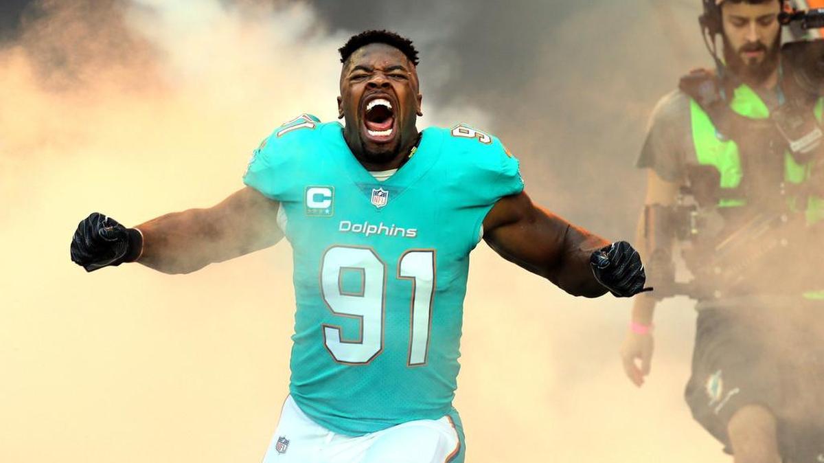 Miami Dolphins Cameron Wake during pregame as they prepare to play the Denver Broncos at Hard Rock Stadium in Miami Gardens, Florida, Dec. 3, 2017.