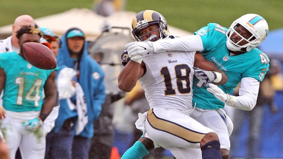 Miami Dolphins Bryon Maxwell blocks a pass intended for Los Angeles Rams Kenny Britt in the second quarter at the Los Angeles Memorial Coliseum in Los Angeles, California, November 20, 2016.