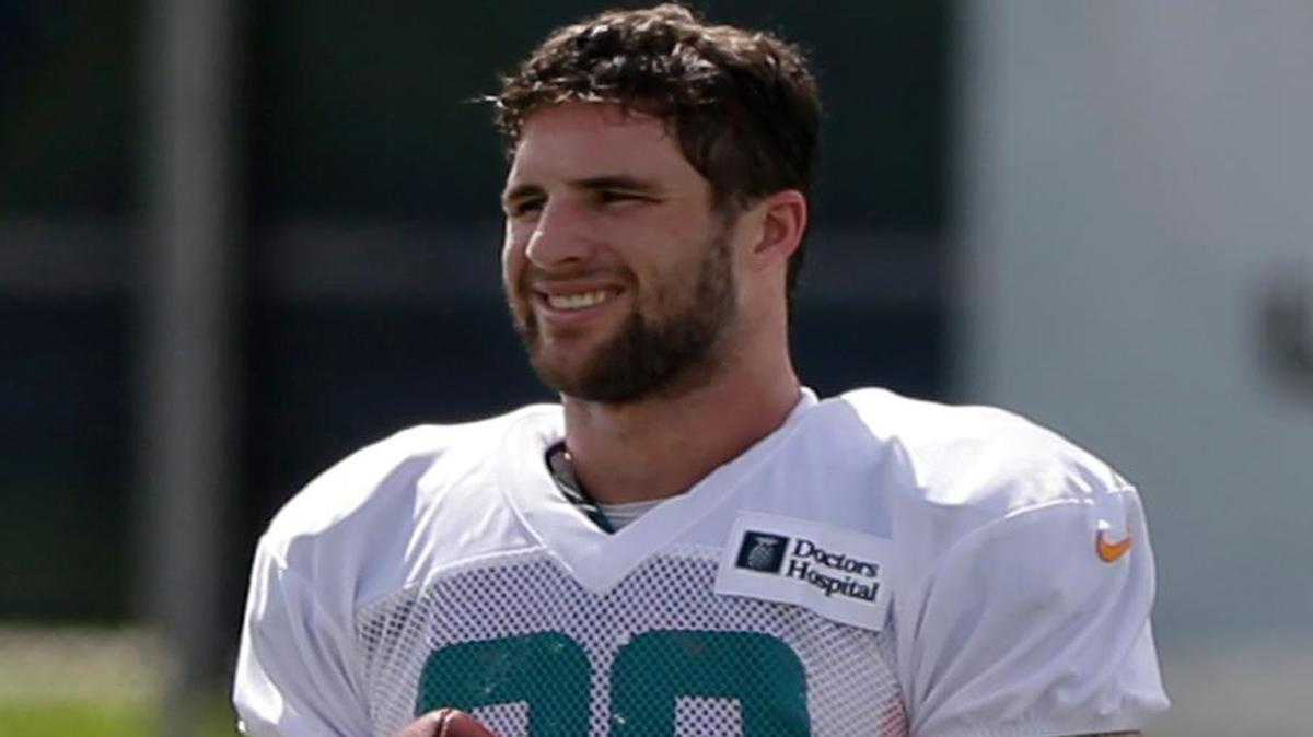 
Miami Dolphins tight end Arthur Lynch is shown training camp in Davie, Fla., Sunday, July 27, 2014. 
