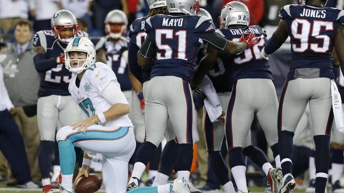 Patriots players celebrate after Miami Dolphins quarterback Ryan Tannehill is sacked in the fourth quarter at Gillette Stadium in Foxborough, Massachusetts, on Thursday, Oct. 29, 2015.
