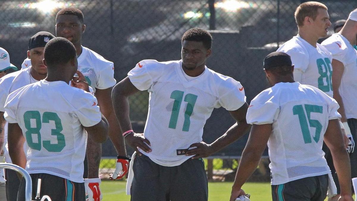 
Dolphins first-round pick DeVante Parker (11), shown at rookie minicamp May 8, 2015, is still recovering from foot surgery. 

