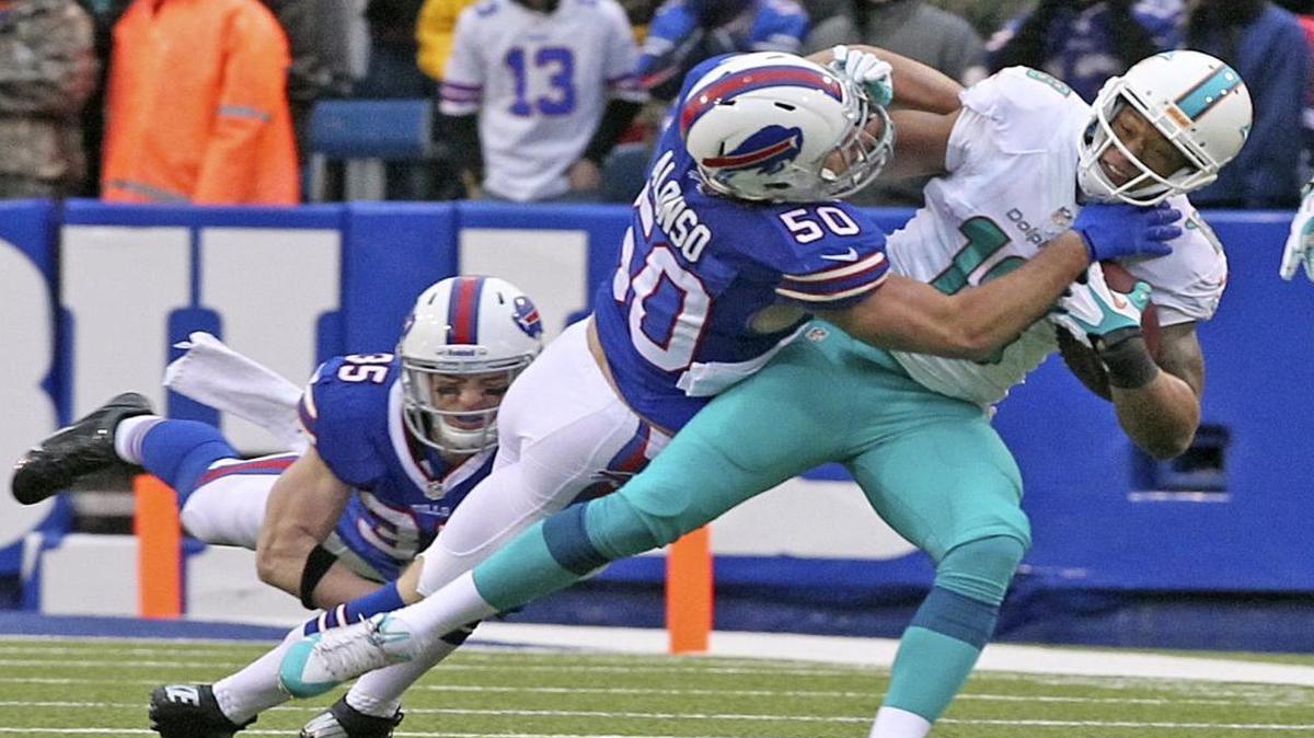 Miami Dolphins' Rishard Mathews is tackled by Buffalo Bills' Kiko Alonso in the fourth quarter at Ralph Wilson Stadium on Dec. 22, 2013.