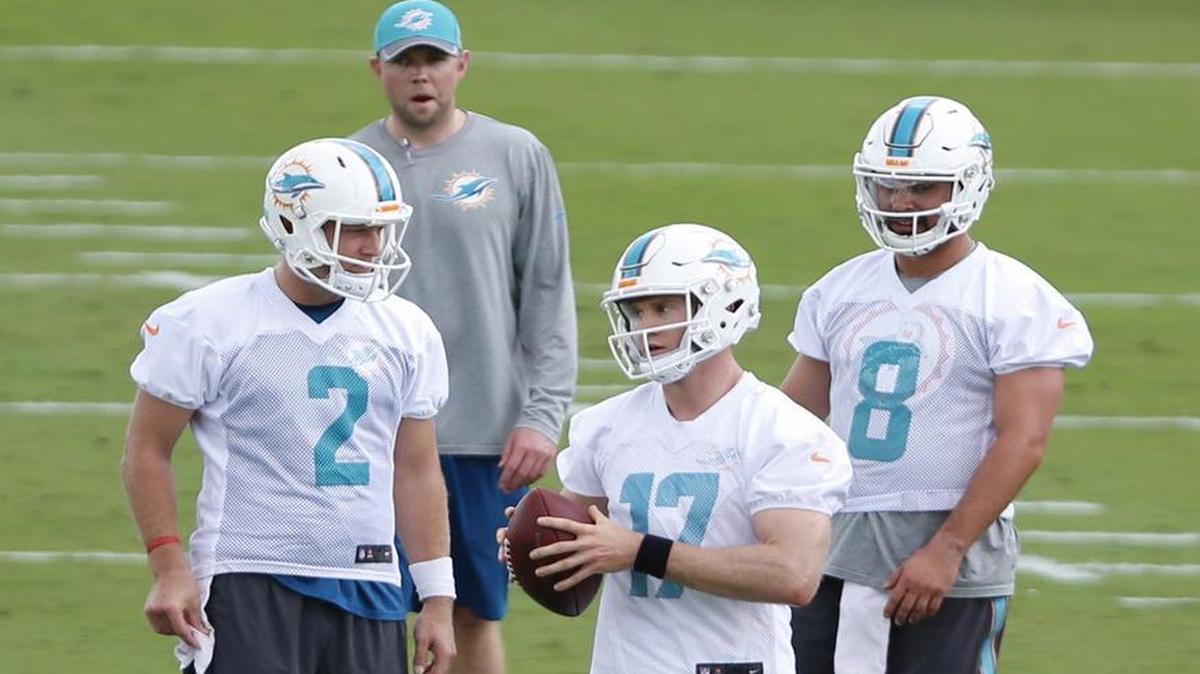 Miami Dolphins quarterback Ryan Tannehill (17) flanked by quarterback Zac Dysert (2) and Miami Dolphins quarterback Matt Moore (8) during practice at Miami Dolphins mini camp on Tues., April 26, 2016.