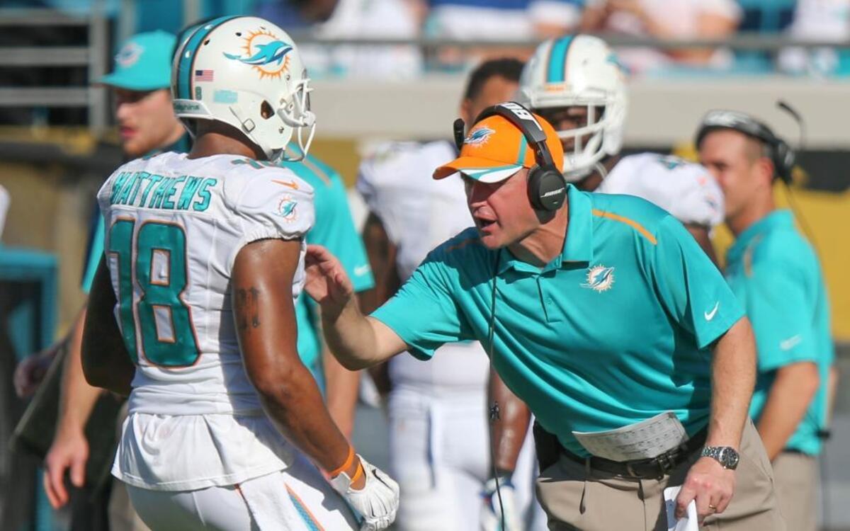 Miami Dolphins Rishard Matthews (18) receives instructions from his special teams coordinator Darren Rizzi during the second half of an NFL football game against the Jaguars in Jacksonville, Fla., Sunday, Oct. 26, 2014. Miami won 27-13.
