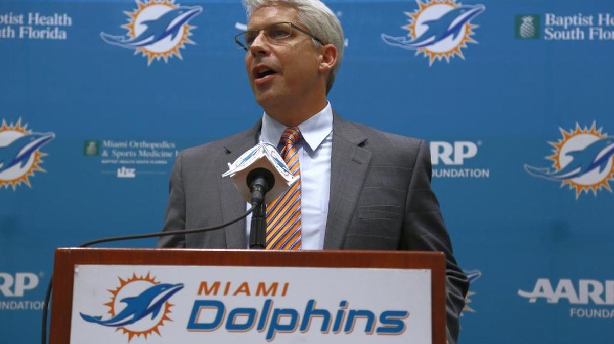 Dolphins' general manager, Dennis Hickey, announces the team's 14th pick of Devante Parker, at the Dolphins HQ, in Davie, Florida on Thursday night during NFL Draft April 30, 2015.