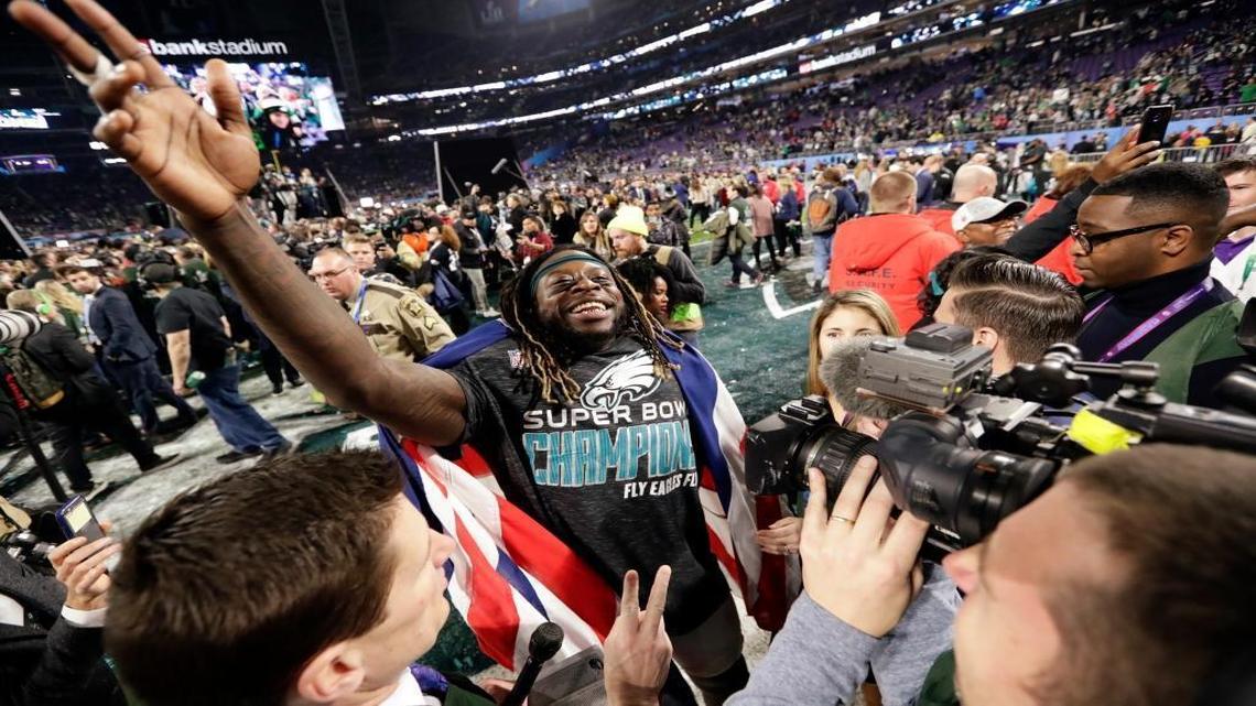 Philadelphia Eagles running back Jay Ajayi celebrates after winning Super Bowl 52.