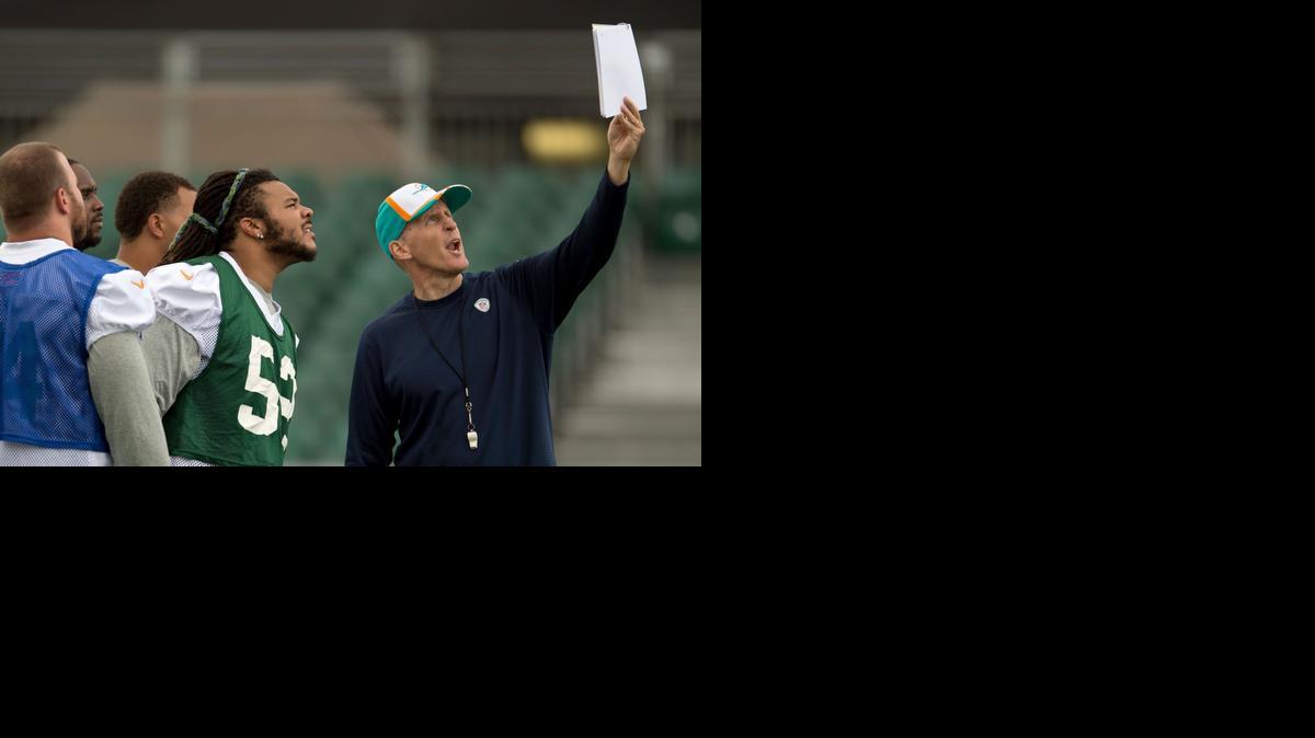 
Miami Dolphins linebacker Philip Wheeler, center, listens as head coach Joe Philbin, right, calls a play for a walkthrough during a training session at Allianz Park, London, England, Friday, Sept. 26, 2014. The Miami Dolphins will play the Raiders in an NFL football game at London's Wembley Stadium on Sunday Sept. 28.
