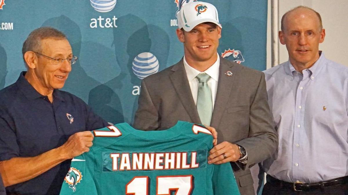 Dolphins quarterback Ryan Tannehillis flanked by owner Stephen Ross, left, and then-coach Joe Philbin on Saturday, April 28, 2012 after Tannehill was drafted in the first round.