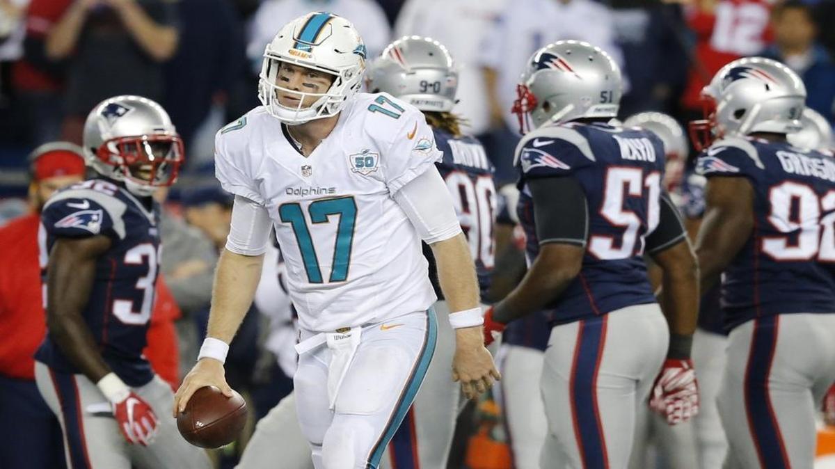 The New England Patriots celebrate after Miami Dolphins quarterback Ryan Tannehill is sacked in the fourth quarter at Gillette Stadium in Foxborough, Massachusetts on Thursday, October 29, 2015.