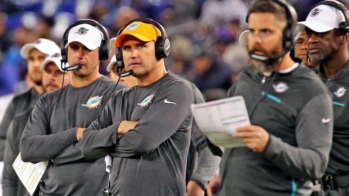 Miami Dolphins coaches Adam Gase, Darren Rizzi and Matt Burke, on the sideline in their defeat to the Baltimore Ravens at the M&T Bank Stadium in Baltimore, Maryland, October 26, 2017.