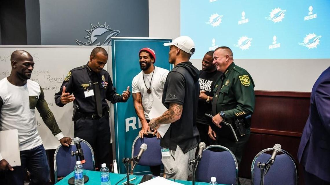 The four Miami Dolphins players who have protested during the national anthem speak with community leaders on Tuesday at a Dolphins Town Hall to discuss issues.