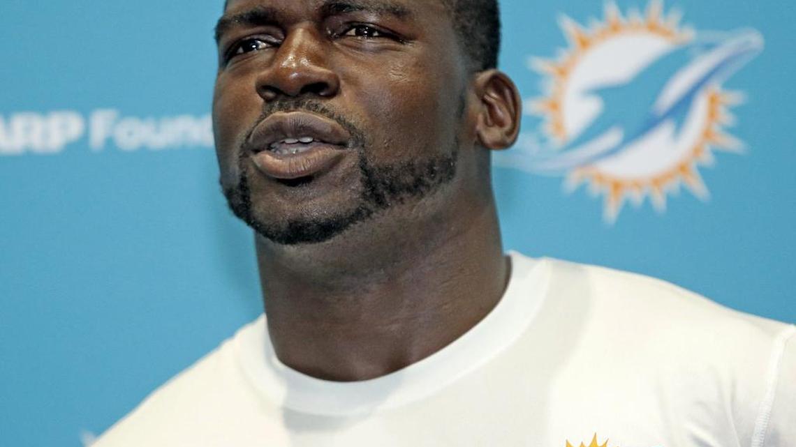 Miami Dolphins Lawrence Timmons (94) speaks to the media at the Dolphins Training Facility in Davies on Tuesday, May 23, 2017.