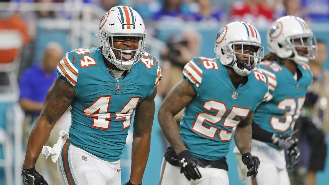 Miami Dolphins linebacker Stephone Anthony (44) celebrates after stopping Buffalo Bills fullback Mike Tolbert from getting a first down in the second quarter of their regular season finale on Dec. 31 last season. Anthony is trying to win the Dolphins' open starting linebacker job.