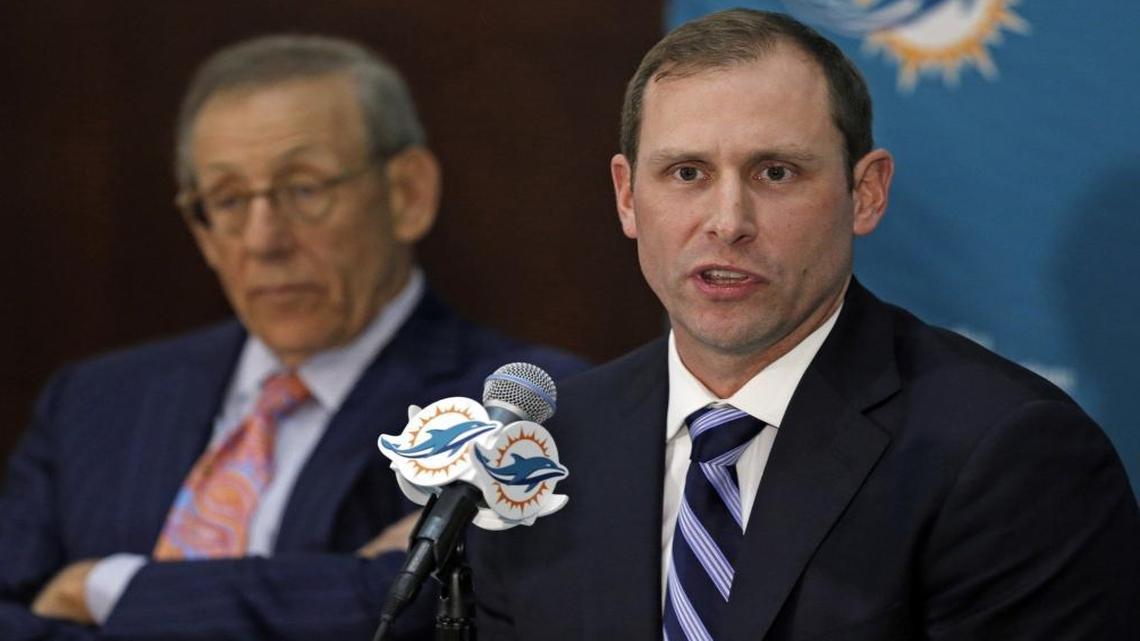 Miami Dolphins new head coach Adam Gase, right, with owner Stephen M. Ross in January.