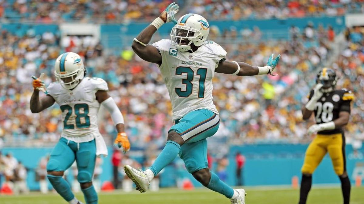 Miami Dolphins free safety Michael Thomas (31) reacts after stopping Pittsburgh Steelers defensive back Justin Gilbert (24) as the Miami Dolphins host the Pittsburgh Steelers at Hard Rock Stadium on Sun., Oct. 16, 2016.
