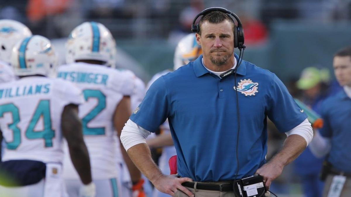 Miami Dolphins interim head coach Dan Campbell watches as the New York Jets host the Dolphins at Met Life Stadium in East Rutherford, N.J. on Sunday, Nov. 29, 2015.