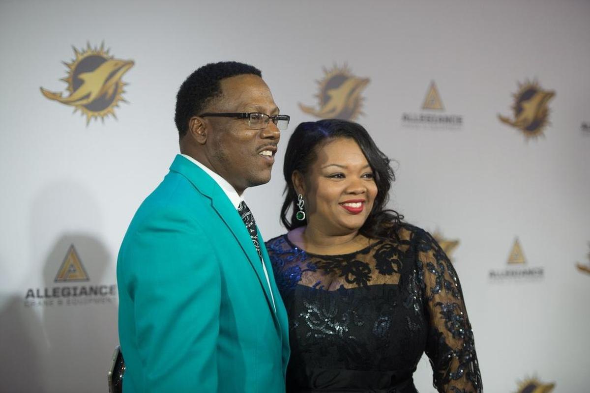 Former Dolphins wide receiver Mark Clayton and wife Bridget arrive for a gala as part of the team’s celebration of its 50th season at the Diplomat Resort and Spa in Hollywood, Fla., on Dec. 11, 2015.