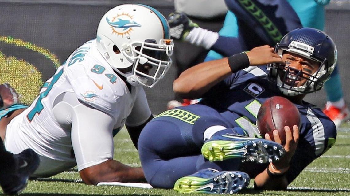 Miami Dolphins defensive end Mario Williams sacks Seattle Seahawks quarterback Russell Wilson in the first quarter at CenturyLink Field in Seattle, on Sept. 11, 2016. Williams was called out by defensive coordinator Vance Joseph for his play in the wake of a disappointing loss to the Tennessee Titans on Sunday, Oct. 9.