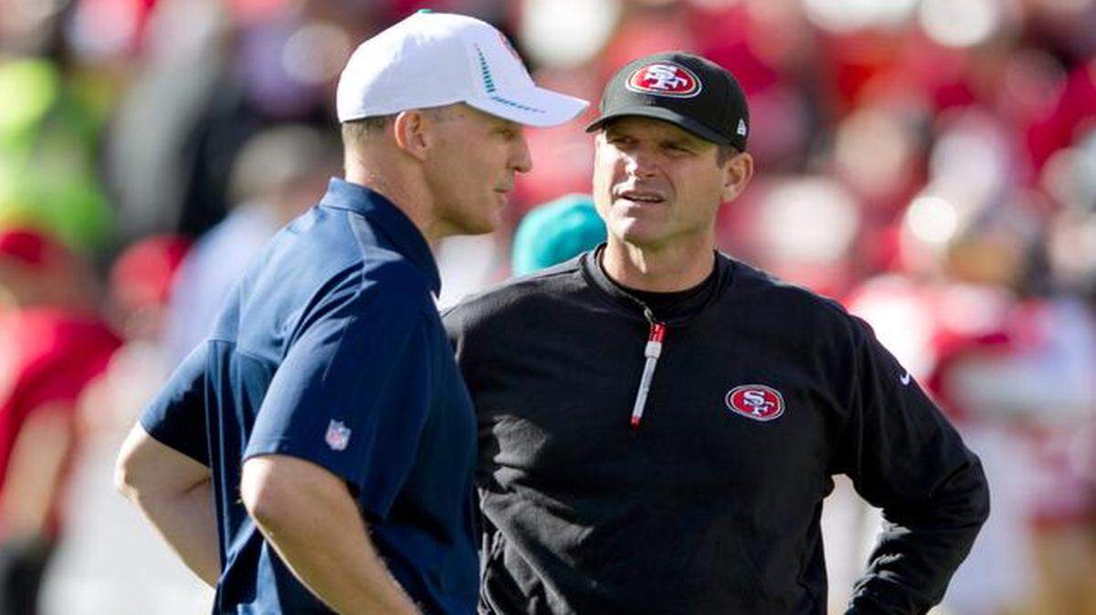 
Head coaches Joe Philbin and Jim Harbaugh talk before the game with the San Francisco 49ers and Miami Dolphins at Candlestick Park in San Francisco on Dec. 9, 2012.
