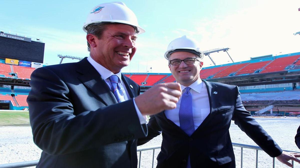 
Dolphins legend Dan Marino and team CEO Tom Garfinkel are shown during a hard-hat tour as renovations began at Sun Life Stadium last year. 
