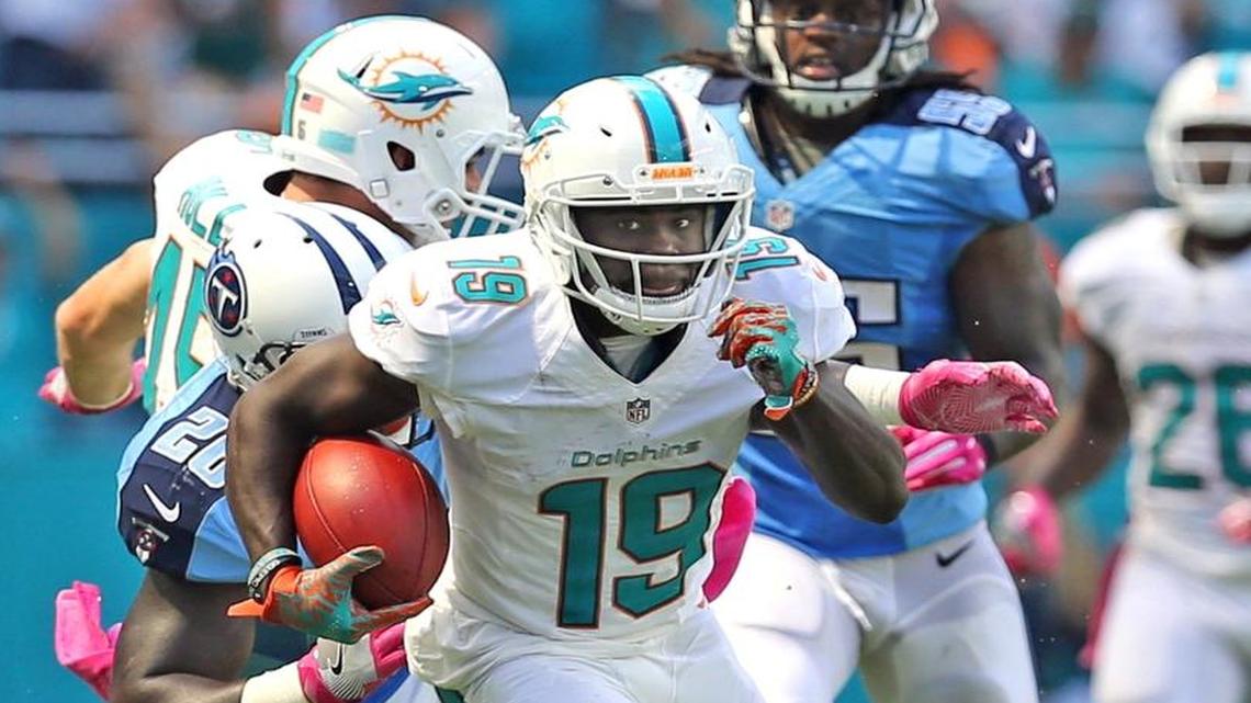 Miami Dolphins Jakeem Grant returns a kick for a second quarter touchdown as they play the Tennessee Titians at Hard Rock Stadium in Miami Gardens, Florida, October 9, 2016.