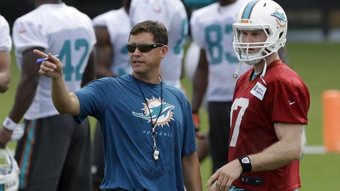 Miami Dolphins offensive coordinator Bill Lazor, left, talks to quarterback Ryan Tannehill. The Dolphins are the second-worst team in the NFL at convering third downs.