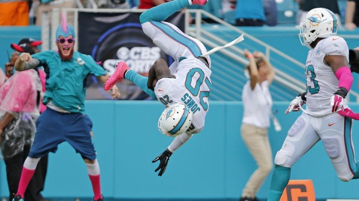 Miami Dolphins safety Reshad Jones (20) does a flip into the end zone scoring on an interception in the second quarter as Miami hosts the Houston Texans at Sun Life Stadium on Sunday, Oct. 25, 2015.