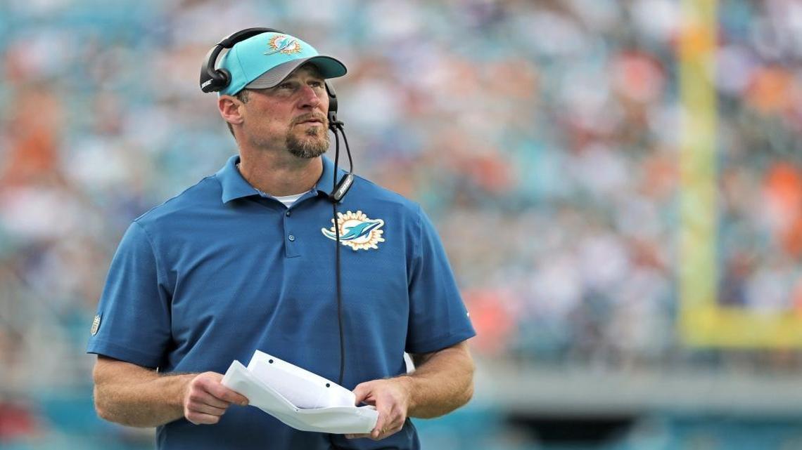 Miami Dolphins head coach Dan Campbell walks the sidelines as the Miami Dolphins host the Indianapolis Colts at Sun Life Stadium in Miami Gardens on Dec. 27, 2015