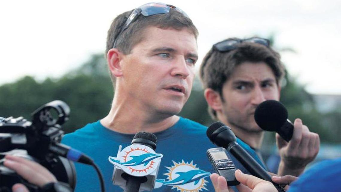 Miami Dolphins offensive coordinator Bill Lazor speaks to the media after practice at the Dolphins Training Center in Davie on Tuesday, Aug. 4, 2015.


