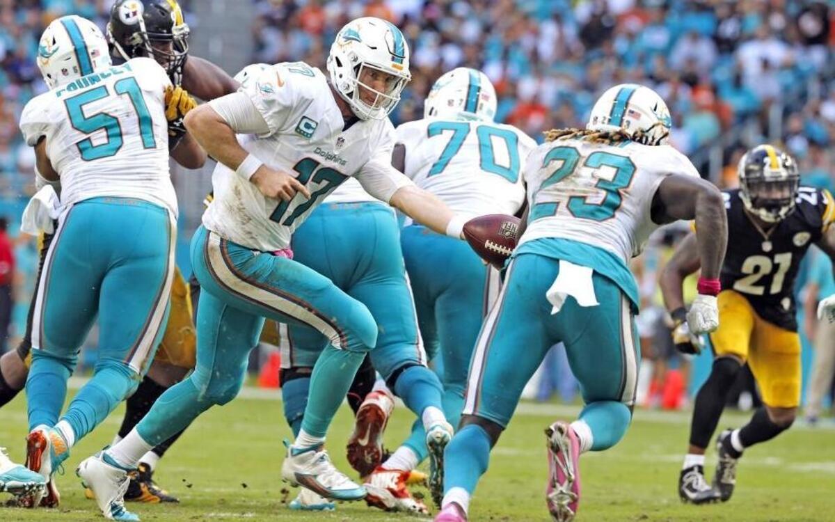 Miami Dolphins quarterback Ryan Tannehill (17) hands off to running back Jay Ajayi (23) in the fourth quarter as the Miami Dolphins host the Pittsburg Steelers at Hard Rock Stadium on Sunday, October 16, 2016.