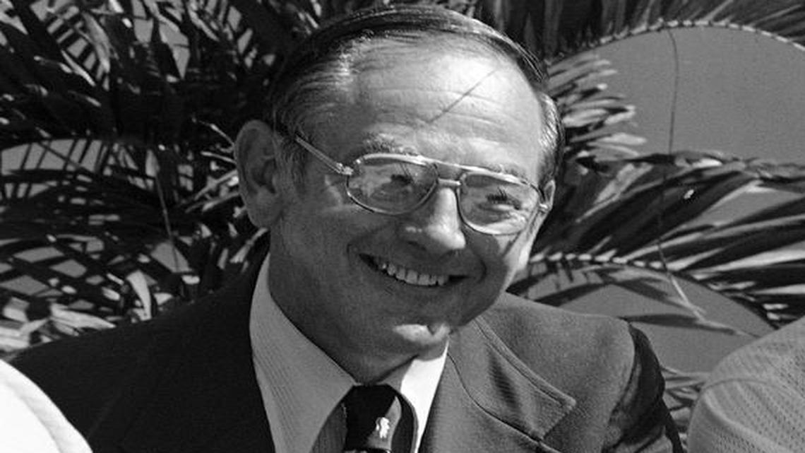 
Miami Dolphins coach Don Shula, right, and Bill Arnsparger laugh during a news conference Wednesday, Oct. 28, 1976 in Miami. Shula announced that Arnsparger, who was fired as coach of the New York Giants, is rejoining the Dolphins as defense coordinator. 
