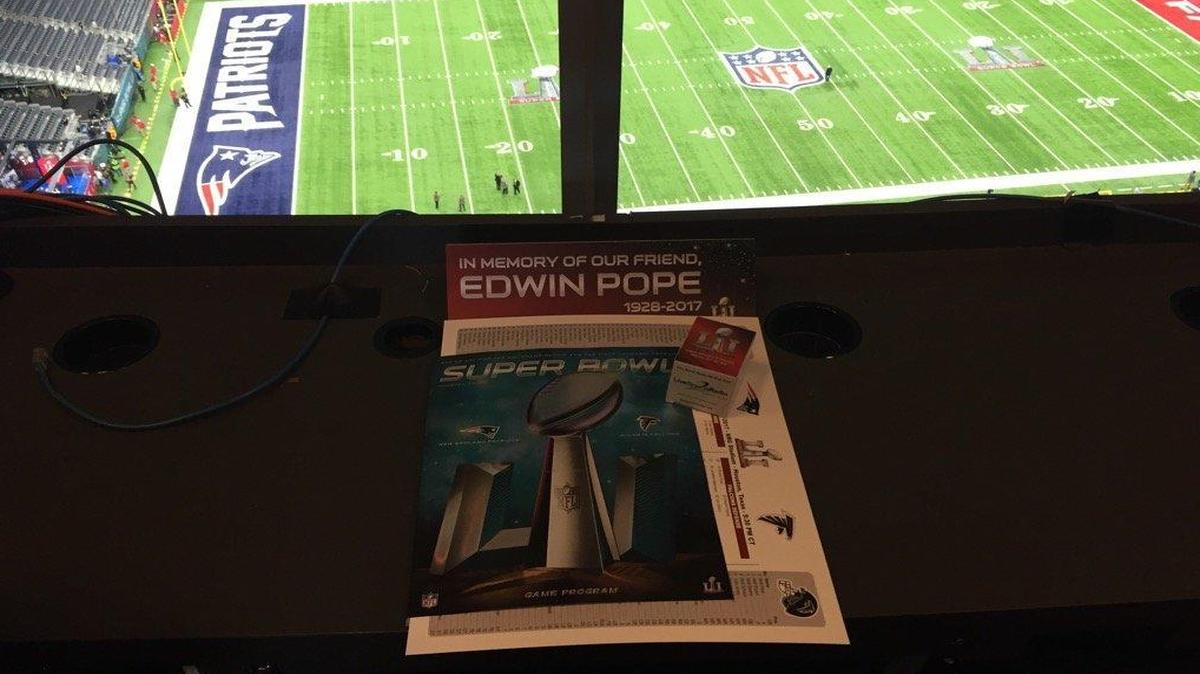 This is the spot reserved for late Edwin Pope at Super Bowl 51 in Houston.